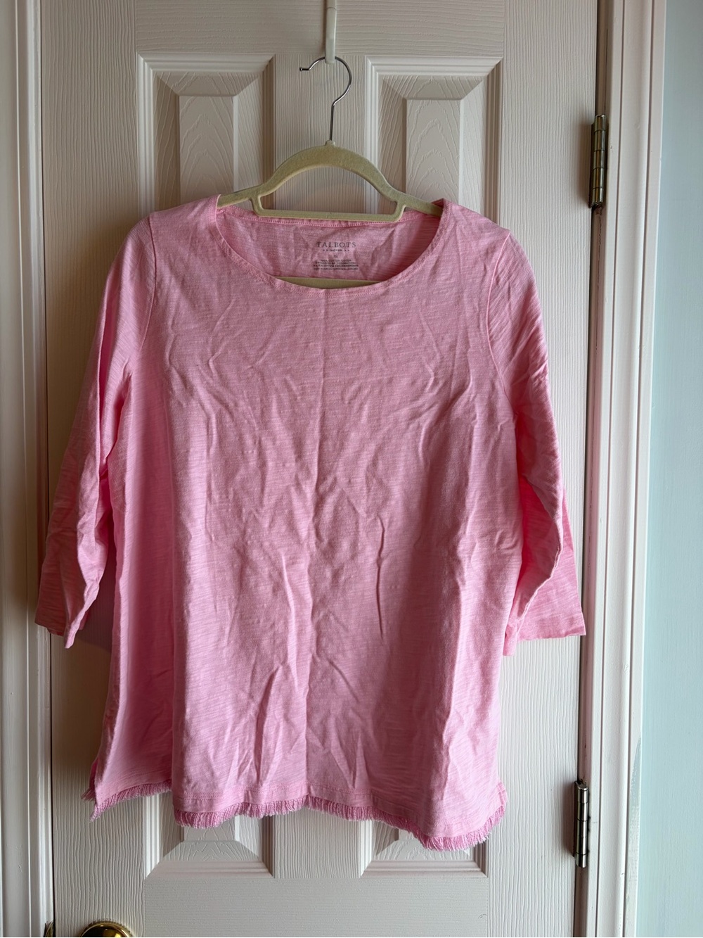 Talbots Light Pink Scoop Neck 3/4 Sleeve Tee with Fringe Hem